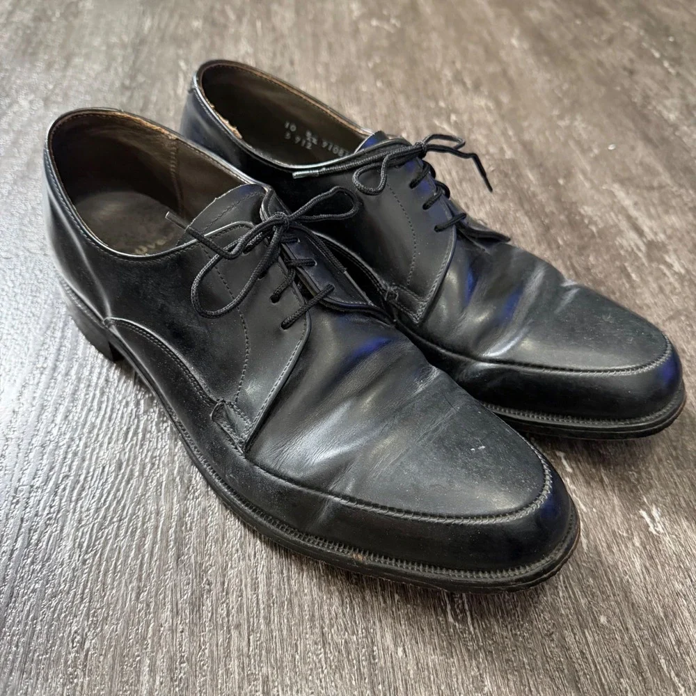 Walk-Over Derby Shoes Mens 10.5 B Black Leather Apron Toe Lace Up‎ Vintage Dress